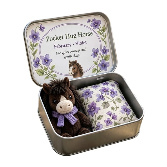 Pocket Hug Horse Tin Box Plush February Violet Mini Stuffed Toy Gift Keepsake 3.54x2.56 Inch 1 Count