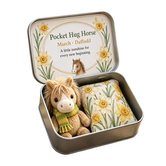 Pocket Hug Horse Tin Box Plush March Daffodil Mini Stuffed Toy Gift Keepsake 3.54x2.56 Inch 1 Count