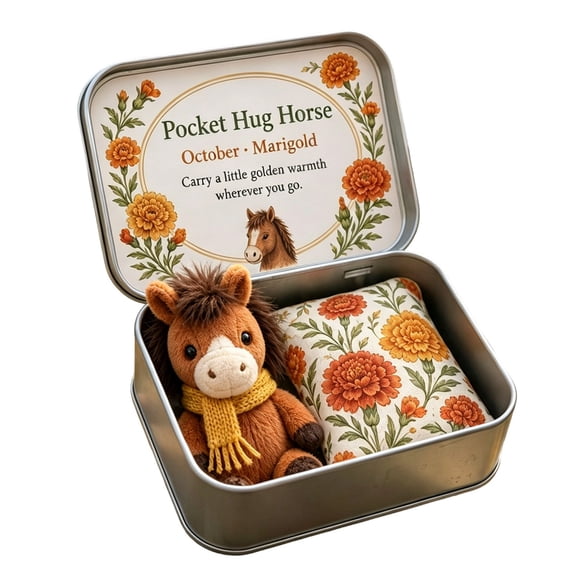 Pocket Hug Horse Tin Box Plush October Marigold Mini Stuffed Toy Gift Keepsake 3.54x2.56 Inch 1 Count