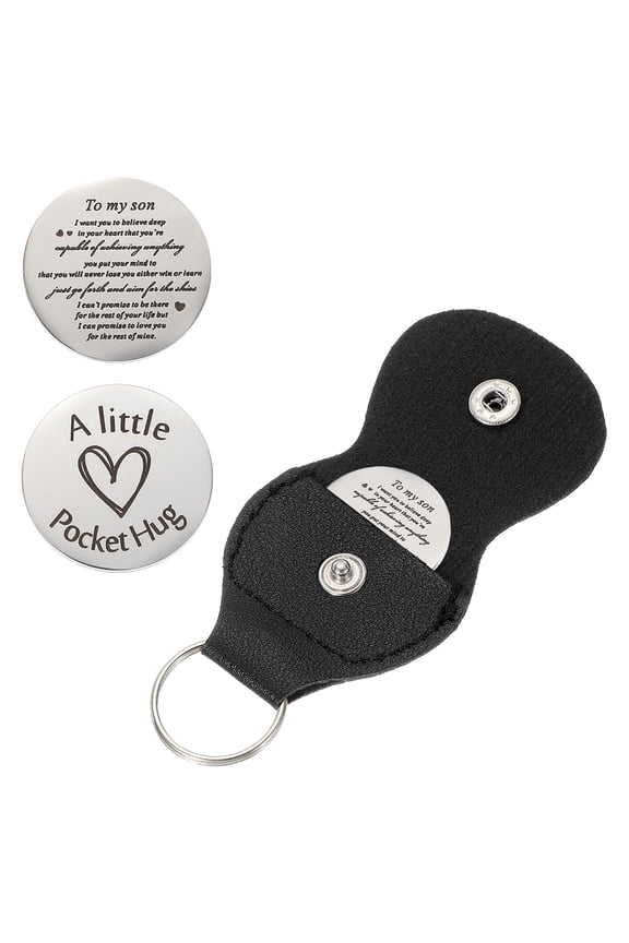 Pocket Hug Token, Double Sided Coin with Leather Keychain Long Distance Relationship Inspirational Keepsake Gifts, To my son