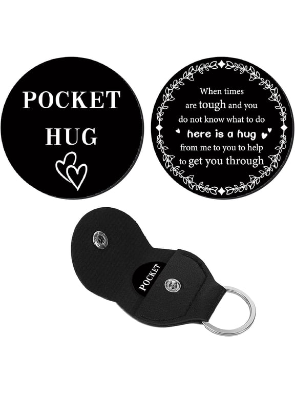 Pocket Hug Token Gifts for Men Boyfriend Girlfriend Inspirational Gift Long Distance Relationship Keepsake Stainless Steel Token with Leather Key Chain for Son Daughter Brother 3x3cm Black