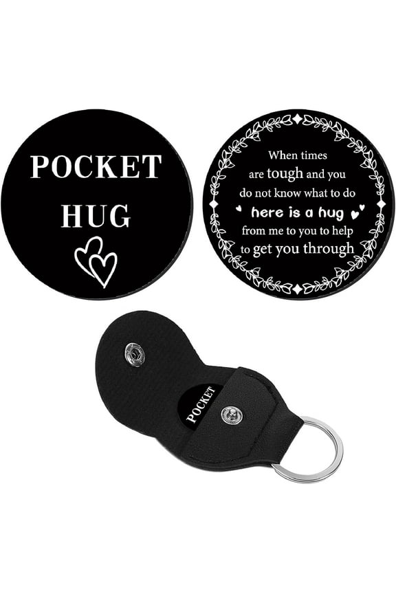 Pocket Hug Token Gifts for Men Boyfriend Girlfriend Inspirational Gift Long Distance Relationship Keepsake Stainless Steel Token with Leather Key Chain for Son Daughter Brother 3x3cm Black