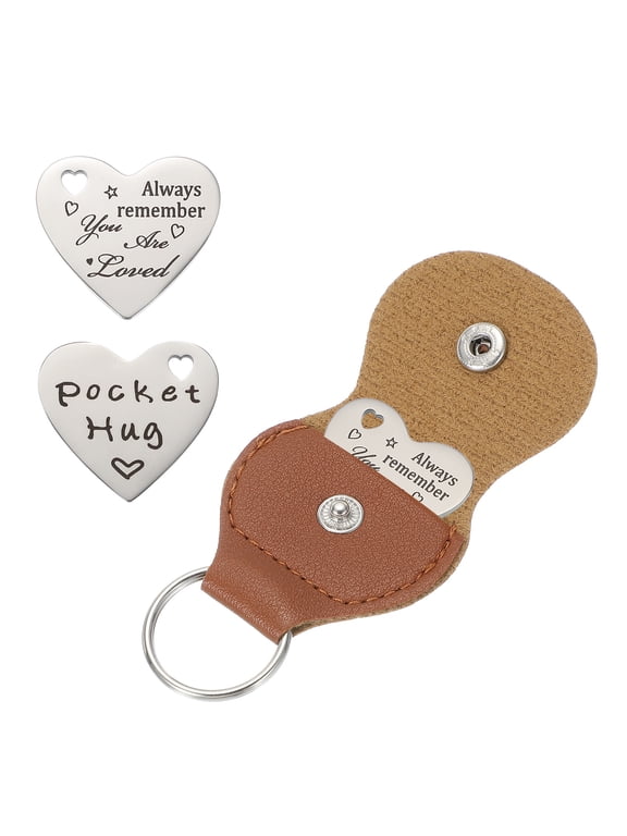 Pocket Hug Token, Heart Double Sided Coin with Leather Keychain Long Distance Relationship Inspirational Keepsake Gifts, Always remember You are Loved