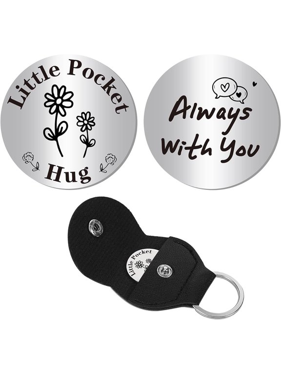 Pocket Hug Token Keepsake Stainless Steel Double-Sided Long Distance Relationship Keepsake Thinking of You Gifts with PU Leather Keychain for Boys Son Daughter Family 1.2 x 1.2 Inch BlackDIY