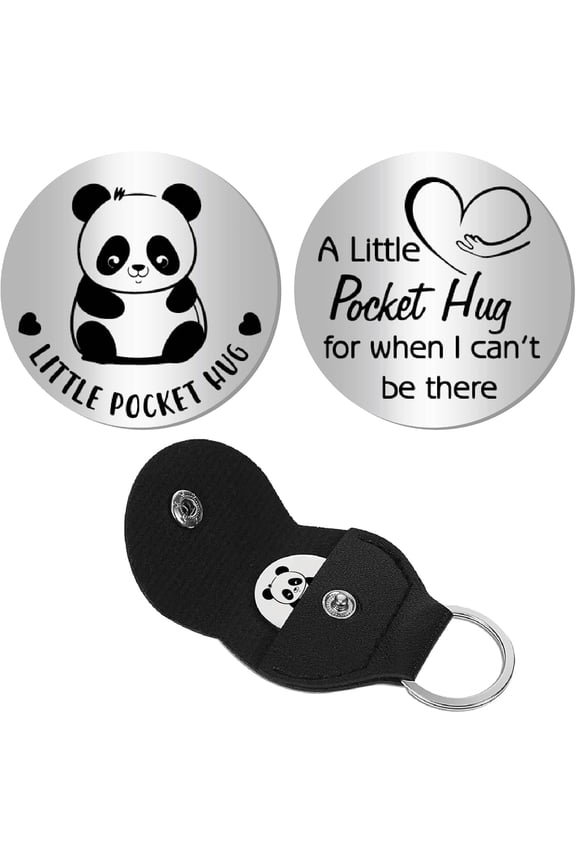 Pocket Hug Token Leather Keychain Stainless Steel Panda Keychain Engraved Meaningful Gift