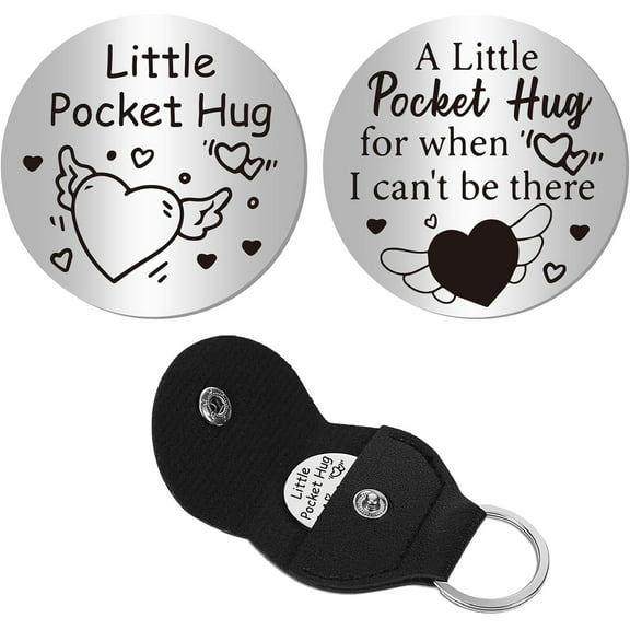 Pocket Hug Token Long Distance Keepsake Stainless Steel Double Sided Engraved Relationship Keeping with Pu Leather Keychain Gift for Boyfriends Men Daughter Bestie Friends Heart1.2x1.2 Inch