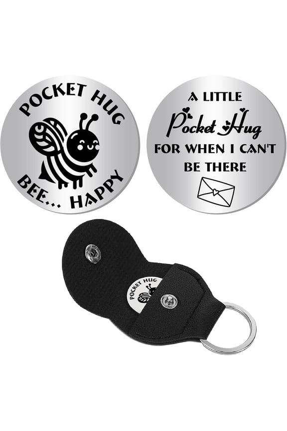 Pocket Hug Token Long Distance Keepsake Stainless Steel Token Social Relationship Double Sided Words with PU Leather Keychain Gift for Women Men Bestie Friends 1.2x1.2 Inch-Bee Happy Gray