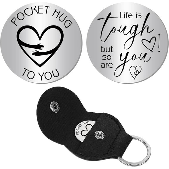 Pocket Hug Token Long Distance Keepsake Stainless Steel Token Social Relationship Double Sided Words with PU Leather Keychain for Gift Women Men Bestie Friends 1.2x1.2 Inch-Life Is Tough for DIY