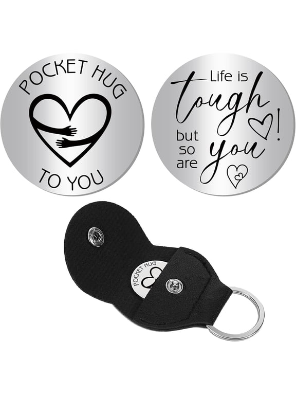 Pocket Hug Token Long Distance Keepsake Stainless Steel Token Social Relationship Double Sided Words with PU Leather Keychain for Gift Women Men Bestie Friends 1.2x1.2 Inch-Life Is Tough Silver