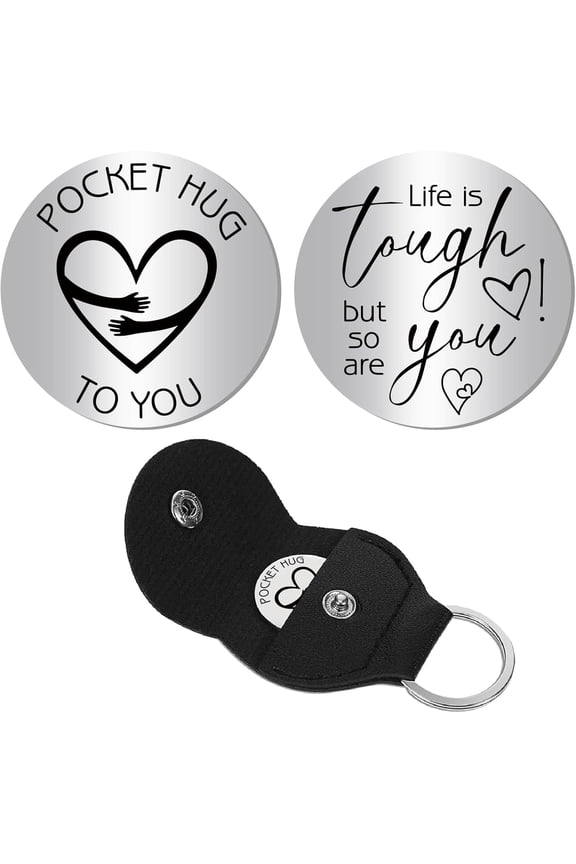 Pocket Hug Token Long Distance Keepsake Stainless Steel Token Social Relationship Double Sided Words with PU Leather Keychain for Gift Women Men Bestie Friends 1.2x1.2 Inch-Life Is Tough for DIY