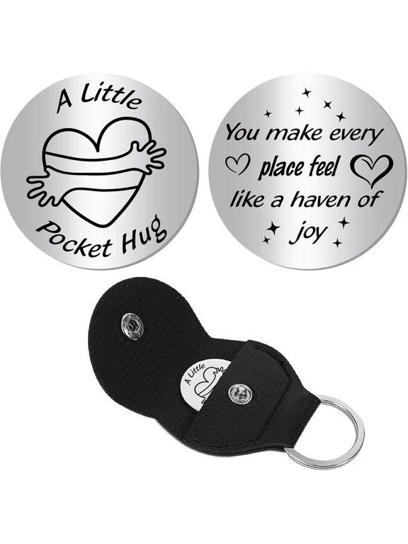 Pocket Hug Token Long Distance Keepsake Stainless Steel Token Social Relationship Double Sided Words with PU Leather Keychain for Gift Women Men Friends 1.2x1.2 Inch-You Make Every Place Silver