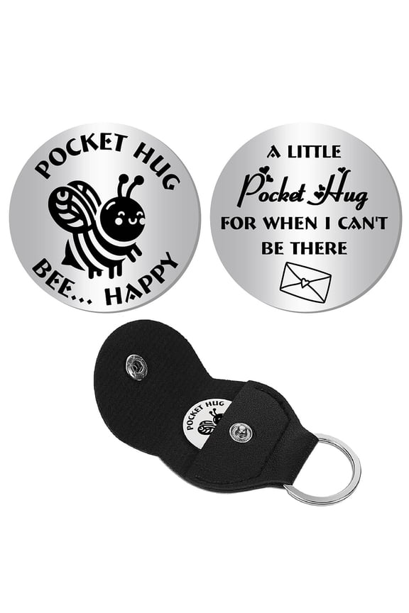 Pocket Hug Token Long Distance Keepsake Stainless Steel Token Social Relationship Double Sided Words with PU Leather Keychain Gift for Women Men