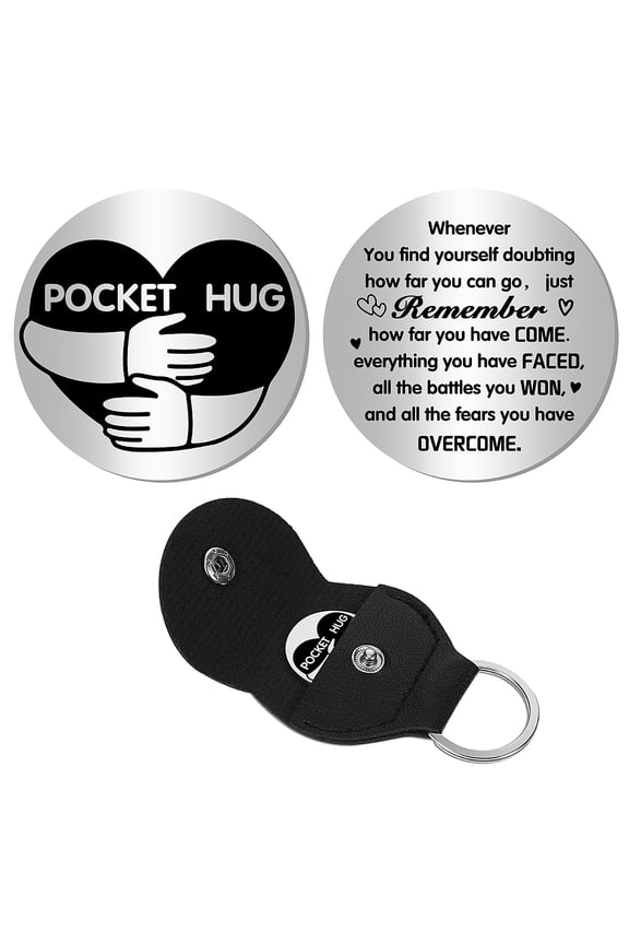 Pocket Hug Token Long Distance Relationship Keepsake DIY Stainless Steel Double Sided Inspirational Gift with PU Leather Keychain