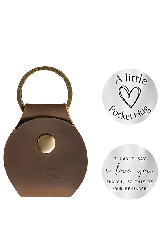 Pocket Hug Token Long Distance Relationship Keepsake, Double Sided Message Engraved with Leather Keychain