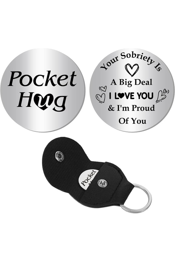 Pocket Hug Token Long Distance Relationship Keepsake Engraved Stainless Steel Double Sided Sobriety Gifts Pocket Token Coin with PU Leather Keychains for Family Inspirational Gift 1.2Inch
