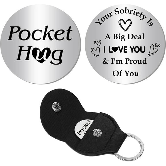 Pocket Hug Token Long Distance Relationship Keepsake Engraved Stainless Steel Double Sided Sobriety Gifts Pocket Token Coin with PU Leather Keychains for Family Inspirational Gift 1.2Inch
