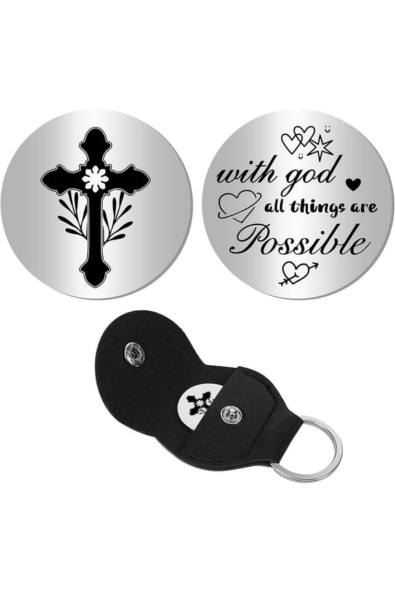Pocket Hug Token Long Distance Relationship Keepsake Keychain Bible Verses Stainless Steel Double Sided Coin with PU Leather Clip Keychain for Christians Inspirational Gift 1.2Inch for DIY