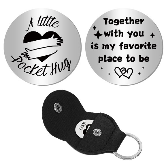Pocket Hug Token Long Distance Relationship Keepsake Keychain Making Kit Including PU Leather Holder Case Keychain Findings 201 Stainless Steel Commemorative Inspirational Coins Heart 107x47x1.3mm