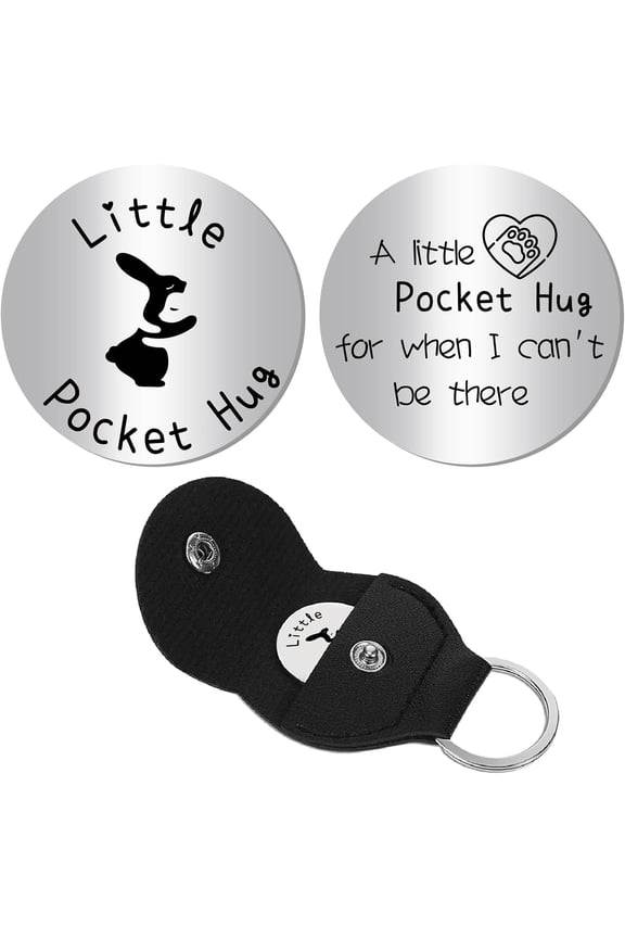 Pocket Hug Token Long Distance Relationship Keepsake Stainless Steel Double Sided Design with PU Leather Keychain Meaningful Gift for DIY Family Valentines Day Christmas Rabbit 1.2x1.2inch