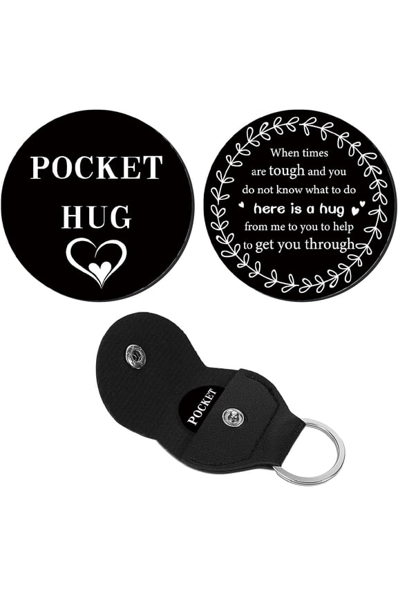 Pocket Hug Token Long Distance Relationship Keepsake Stainless Steel Double Sided Inspirational Gift with Leather Key Chain Inspirational Gift for DIY Men Boyfriend Girlfriend Brother 3x3cm