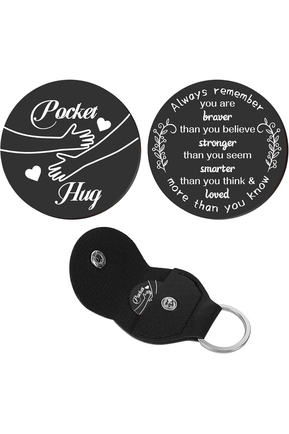 Pocket Hug Token Long Distance Relationship Keepsake Stainless Steel Double Sided Inspirational Gift with PU Leather Keychain 1.2 Inch-You are Braver Than You Believe(Black)