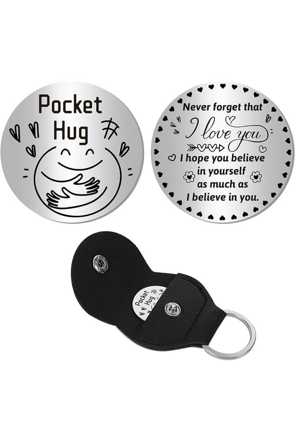 Pocket Hug Token Long Distance Relationship Keepsake Stainless Steel Double Sided Inspirational Gift with PU Leather Keychain for DIY Friends Daughter Son 1.2 Inch-Never for DIY get That I Love You