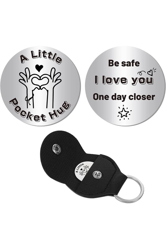 Pocket Hug Token Long Distance Relationship Keepsake Stainless Steel Double Sided Inspirational Gift with PU Leather Keychain for Family Friends Daughter Son 1.2 x 1.2 Inch DIY Making