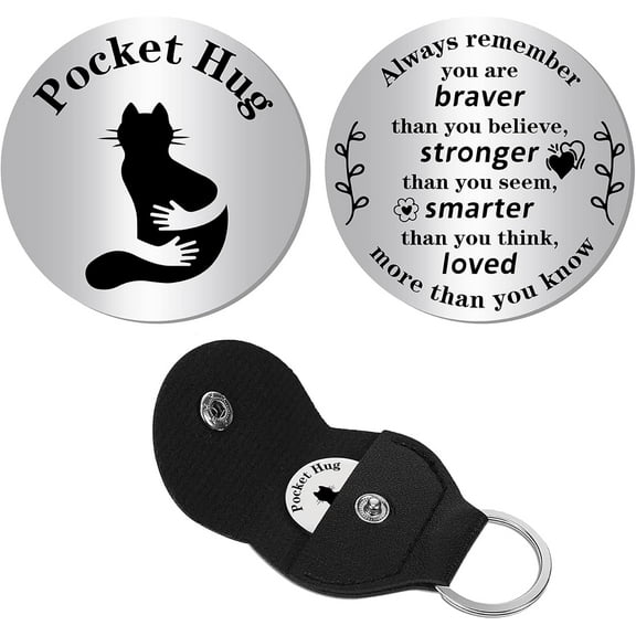 Pocket Hug Token Long Distance Relationship Keepsake Stainless Steel Double Sided Inspirational Gift with PU Leather Keychain for Friend Daughter Son 1.2 Inch-Always Remember You Are Braver Cat Shape