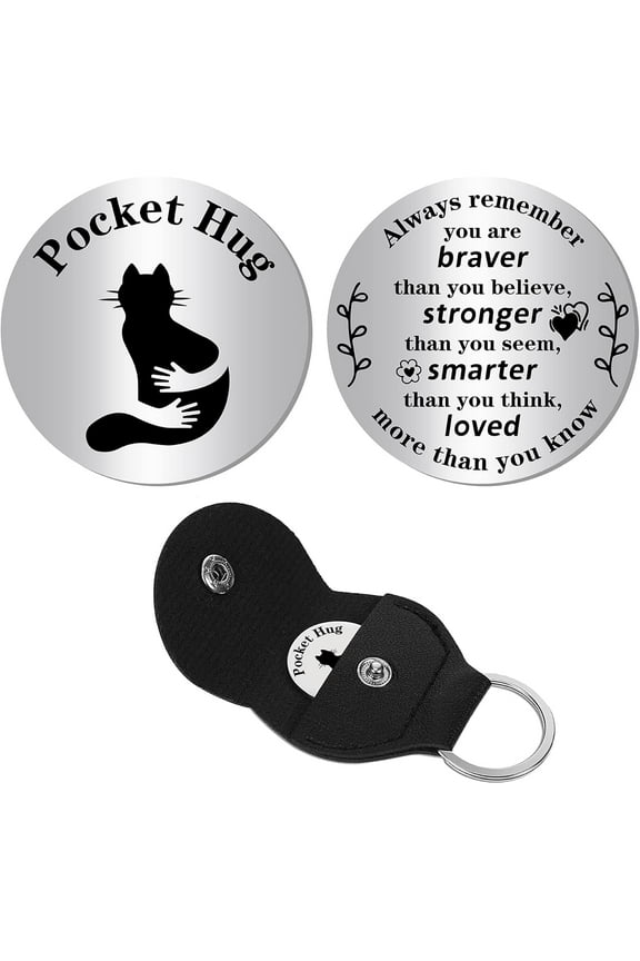 Pocket Hug Token Long Distance Relationship Keepsake Stainless Steel Double Sided Inspirational Gift with PU Leather Keychain for Friend Daughter Son 1.2 Inch-Always Remember You Are Braver Silver