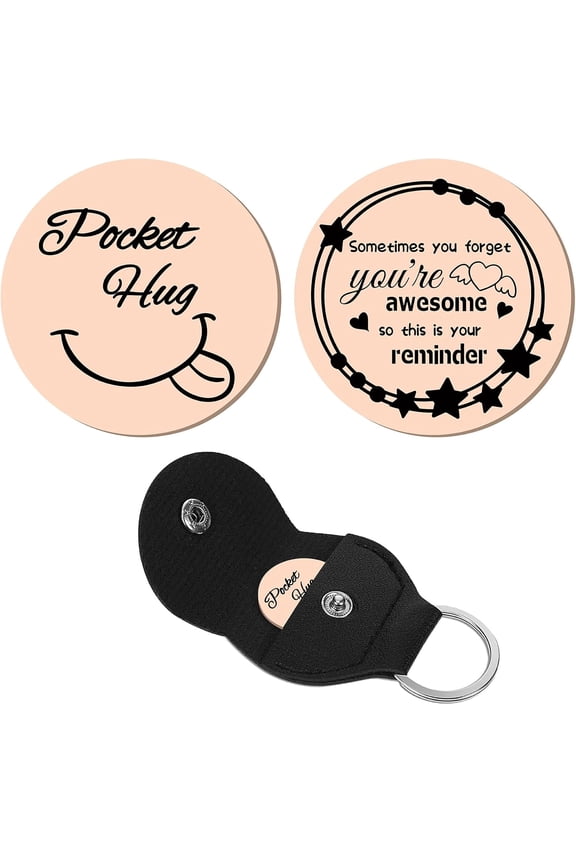 Pocket Hug Token Long Distance Relationship Keepsake Stainless Steel Double Sided Inspirational Gift with PU Leather Keychain for Friends 1.2Inch-Sometimes You Forget You're Awesome(Pink)