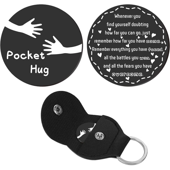 Pocket Hug Token Long Distance Relationship Keepsake Stainless Steel Double Sided Inspirational with PU Leather Keychain for Friends 1.2 Inch-Just Remember How Far You Have Come(Black) DIY Making