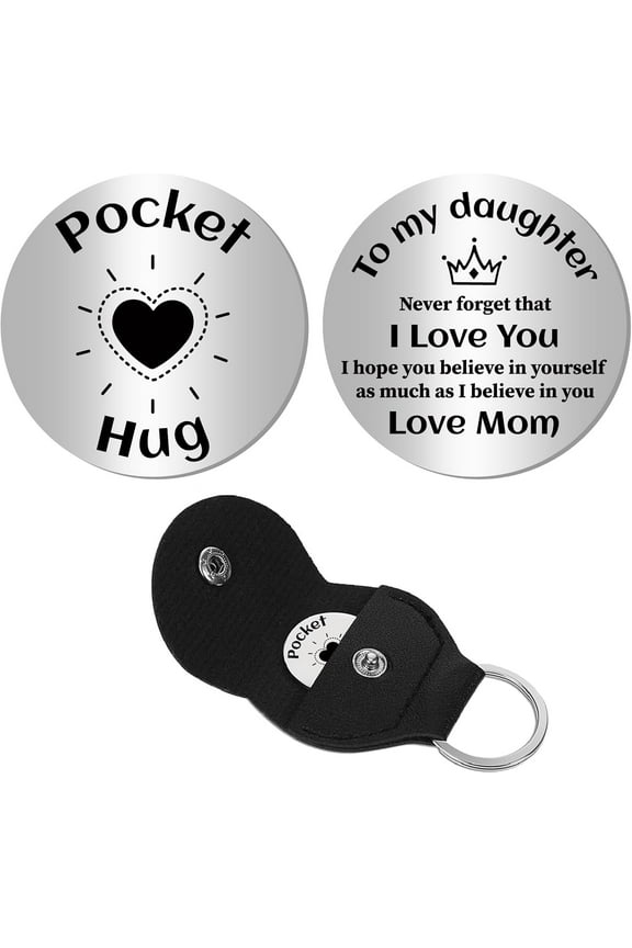 Pocket Hug Token Long Distance Relationship Keepsake Stainless Steel Double Sided Message Engraved Black Heart Pocket Token Commemorative Coin with PU Keychains for Memento Gift 1.2x1.2Inch Silver