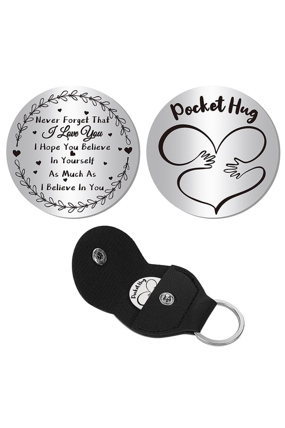 Pocket Hug Token Long Distance Relationship Keepsake Stainless Steel Inspiration Gift Double Sided with PU Leather Keychain for Friends Family Daughter Son 1.2 x 1.2 Inch