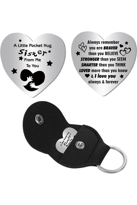 Pocket Hug Token Long Distance Relationship Keepsake Token Stainless Steel Double Sided Engraved Memorial Inspirational Pocket Token with Leather Keyring for Sisters 1 x 1Inch Heart-Shaped Gray DIY