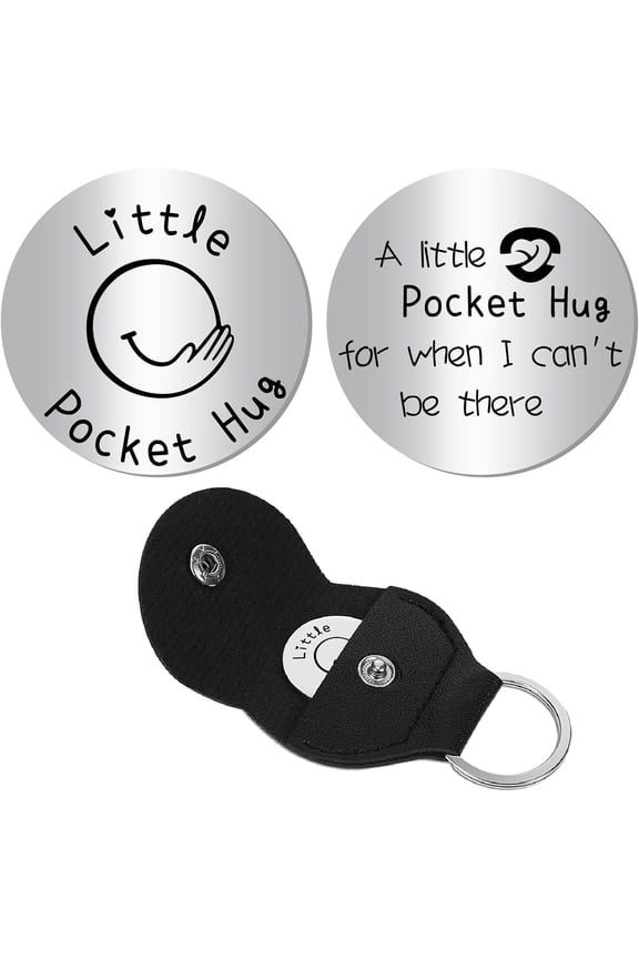 Pocket Hug Token Long Distance Relationship Stainless Steel Double Sided with PU Leather Keychain Keepsake Gift for Women Men Family Boyfriend Valentines Day Christmas Hug 1.2x1.2 Inch