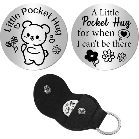 Pocket Hug Token Stainless Steel Token Long Distance Keepsake Double Sided Engraved Relationship Keeping with Pu Leather Keychain Gift for Boyfriends Daughter Bestie Friends 1.2x1.2 Inch for DIY