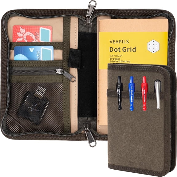 Pocket Journal Cover with Field Book, Waterproof Pocket Notebook Cover with Zipper for Journal Planner, Small Waxed Canvas Notebook Holder for Field Notes 3.5" x 5.5" - Mini Field Journal (Olive)