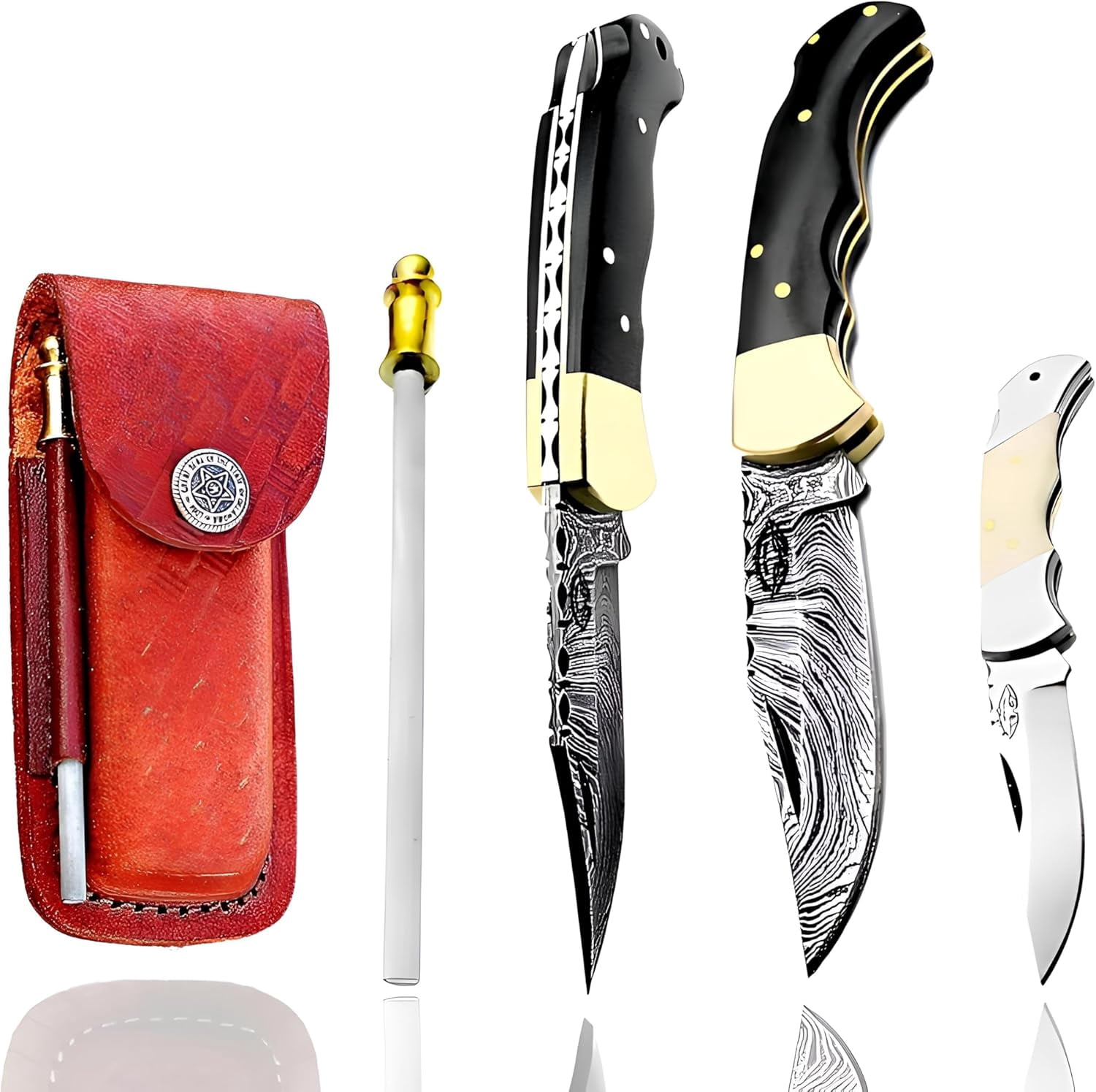 TheBoneEdge 6.5" Damascus Folding Knife Horn Handle Handmade with Sheath New