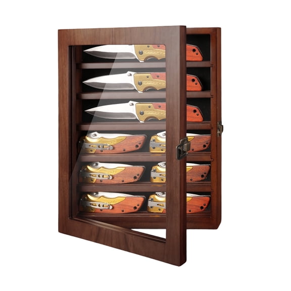 Pocket Knife Display Case 6 Rows Wooden Knife Shadow Box with HD Tempered Glass Military Folding Knife Cabinet Stand for Wall