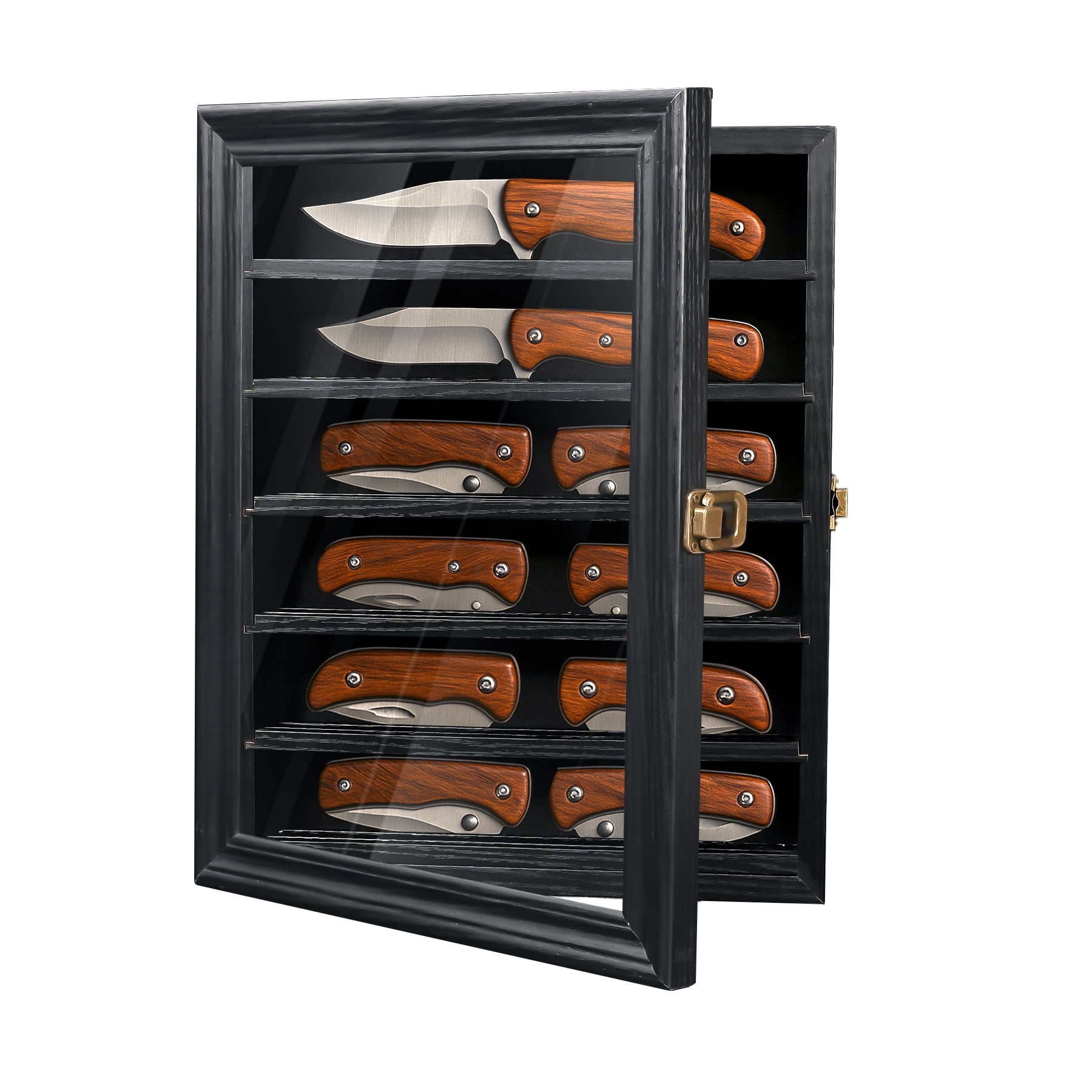 Pocket Knife Display Case 6 Rows Wooden Knife Shadow Box with HD ...