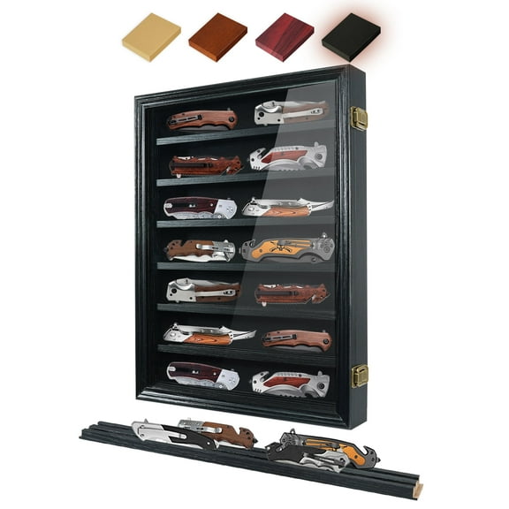 Pocket Knife Display Case 7 Rows Lockable Wooden Knife Shadow Box with HD Tempered Glass Military Folding Knife Cabinet Stand for Wall with Removable Shelves