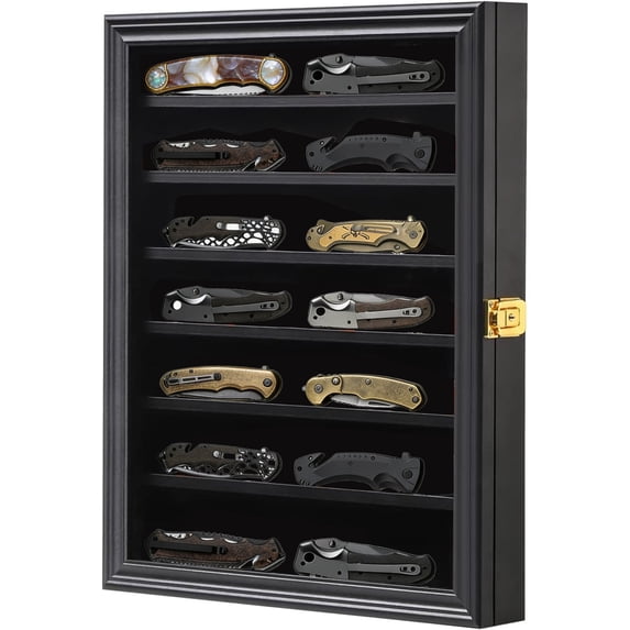 Pocket Knife Display Case ,7-Tier Knife Collection Display Box for Wall Folding Knife Cabinet with Uv Protection Acrylic Lockable Large Mahogany