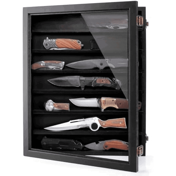 Pocket Knife Display Case, Knife Collection Display Shadow Box for Wall Military Folding Knife Showcase Display Cabinet with Acrylic Panel and Removable Dual Recessed Shelves