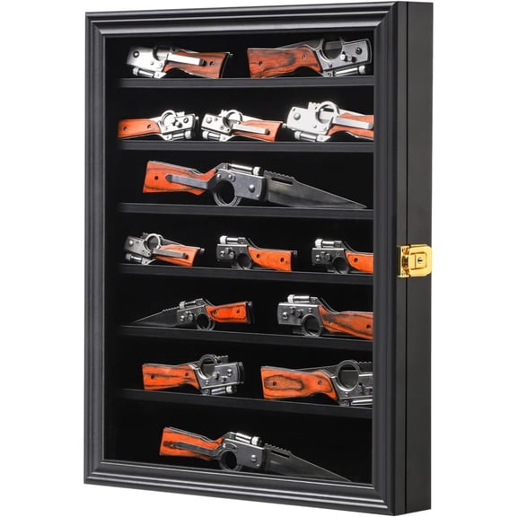 Pocket Knife Display Stand Military Folding Knife Shadow Box Wall Cabinet with Uv Protection Acrylic Lockable, Black