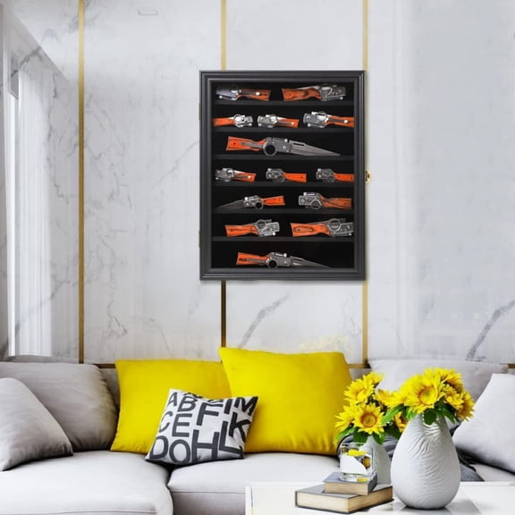 Pocket Knife Display Stand Military Folding Knife Shadow Box Wall Cabinet with Uv Protection Acrylic Lockable, Black
