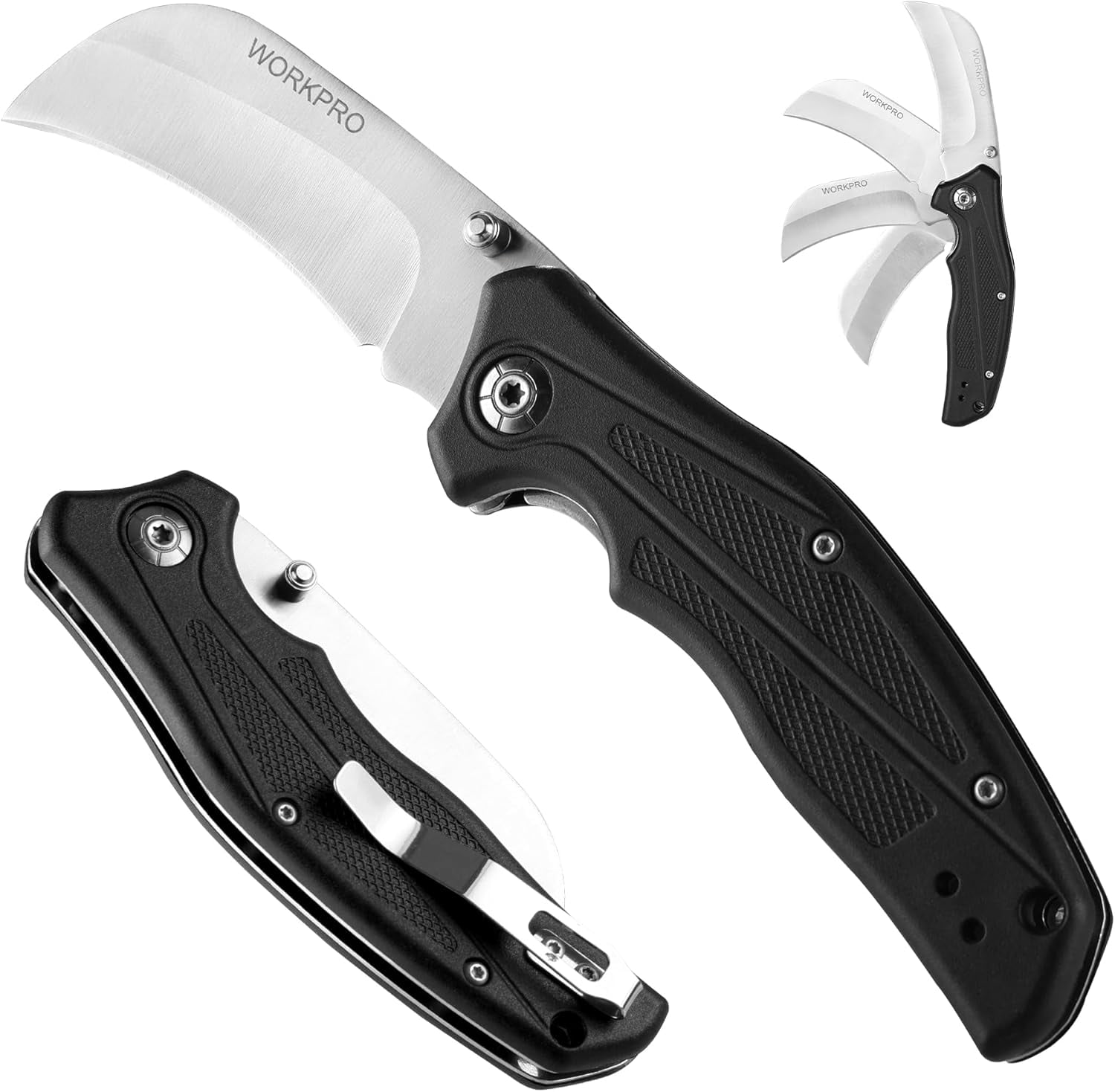 Pocket Knife, Hawkbill Folding Utility Knife with Lanyard Hole and Belt Clip, Electrician Knife for Cable inning and Carpet, Linoleum, Cardboard, Rope, Wire Cutting