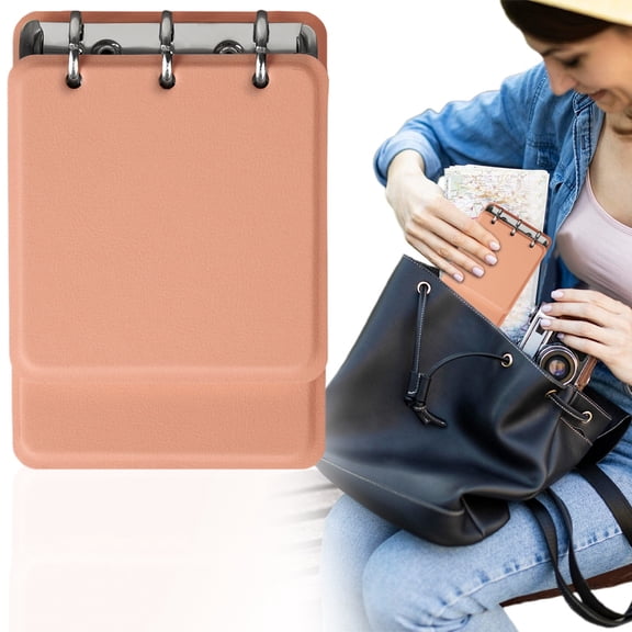 Pocket Notebook, Refillable 3 Ring Journal 14X9.8Cm 180 Lined Pages, Textured Leather Cover with Smooth, Portable for Travel and Work, Pink