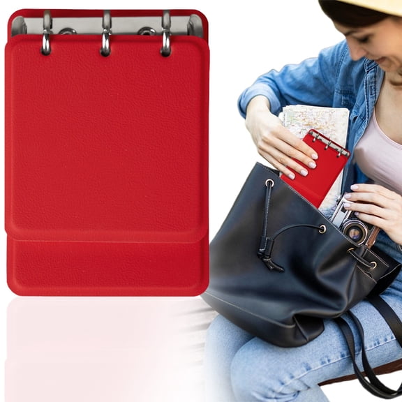 Pocket Notebook, Refillable 3 Ring Journal 14X9.8Cm 180 Lined Pages, Textured Leather Cover with Smooth, Portable for Travel and Work, Red
