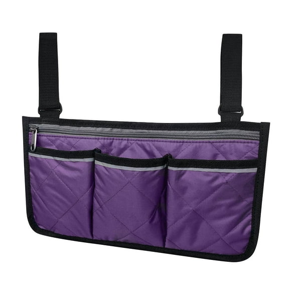 Pocket Organizer, Wheelchair Side Pouch, 15X7 in Quilted Fabric, Purple, Reflective Trim, Hanging Storage Organizer, Mobility Gear, 1 Pc