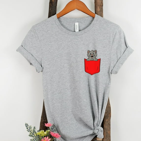 Pocket Peekaboo Cat Animal Shirt, Cat Lover, Gift, Cute Pocket Gift for Animal Lover Tee, Animal Graphic Tees, Minimalist Animal Shirt (Colors:Athletic Heather; Sizes:M;)